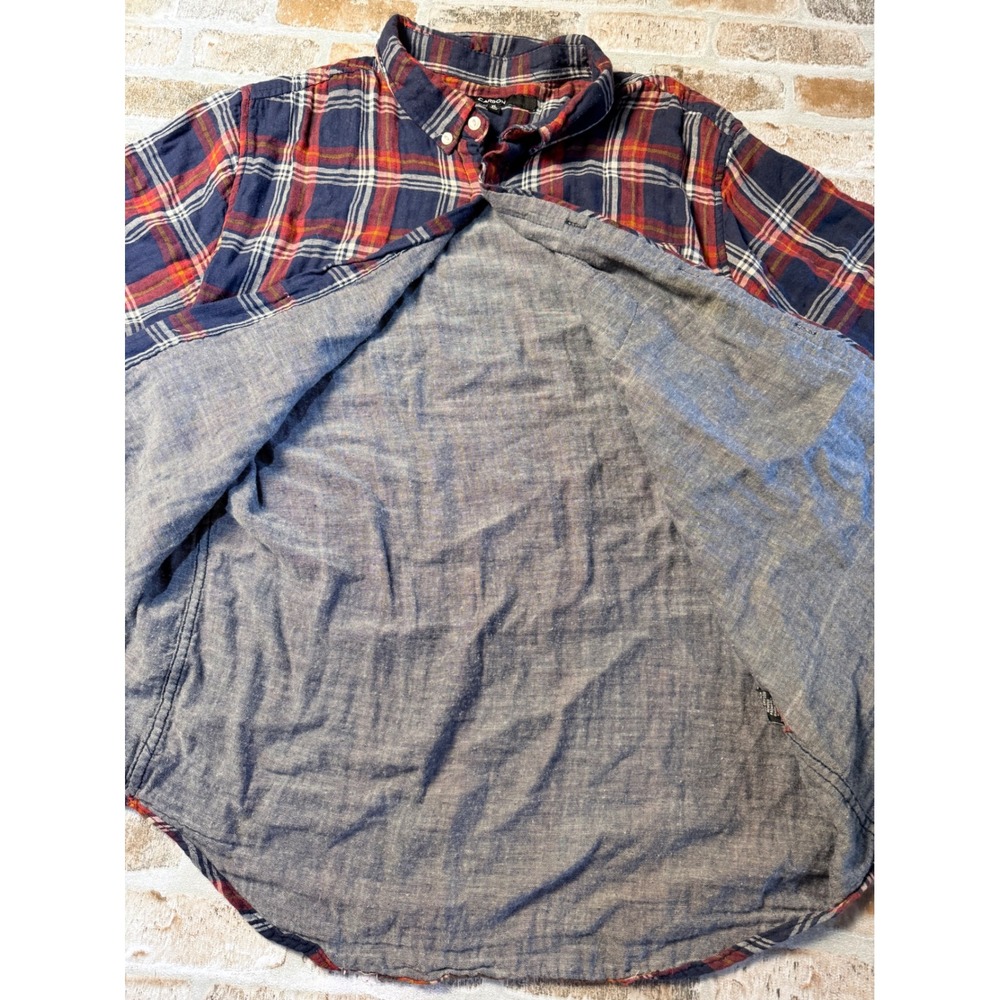 Carbon Mens XL Short Sleeve Plaid Button Down Shirt Navy Blue Red Cotton Casual - Picture 2 of 6